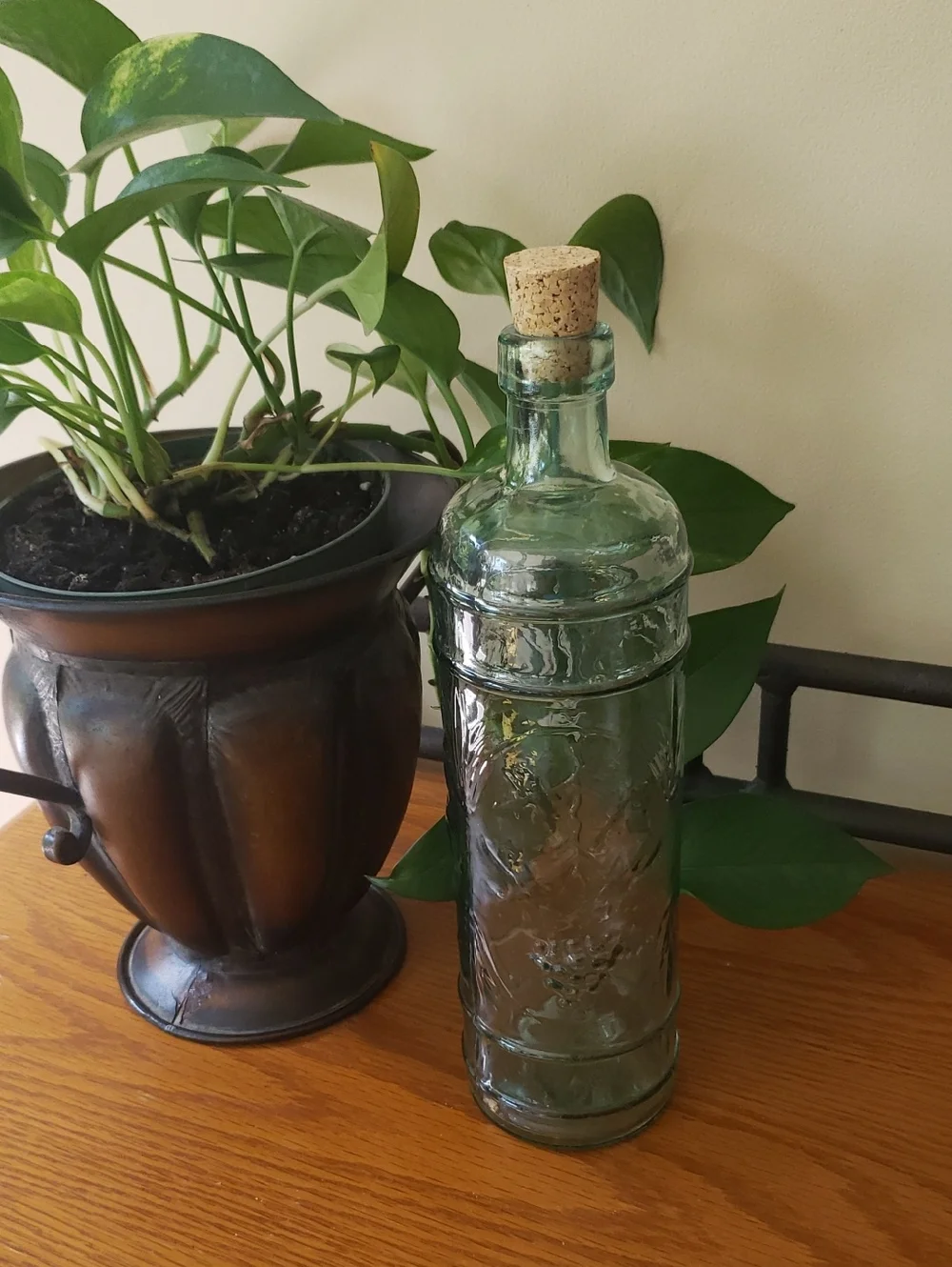Grapevine Design Green Tinted Glass Bottle with Cork Stopper
